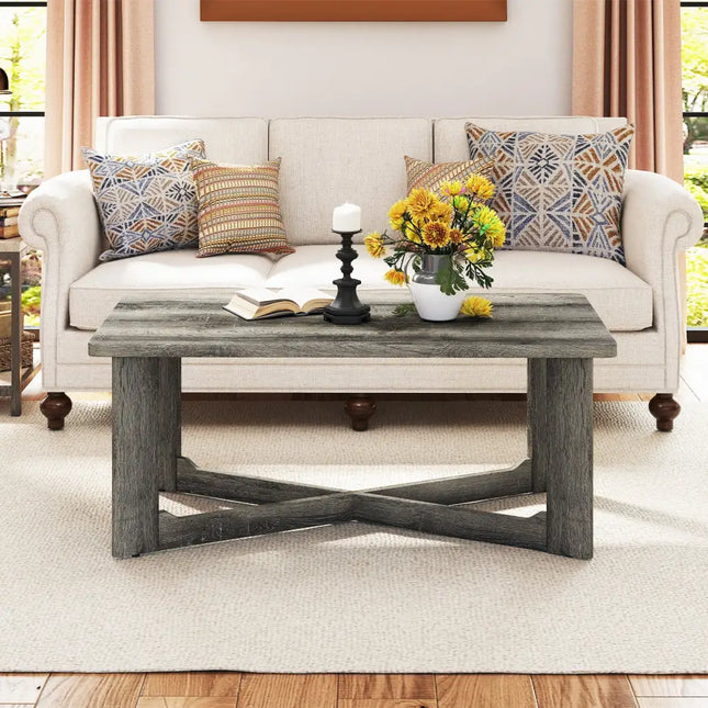 Rectangle Coffee Table Rubber Wood with X-Shaped Base-Gray - Gray - Coffee Tables