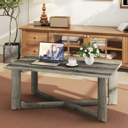 Rectangle Coffee Table Rubber Wood with X-Shaped Base-Gray - Gray - Coffee Tables