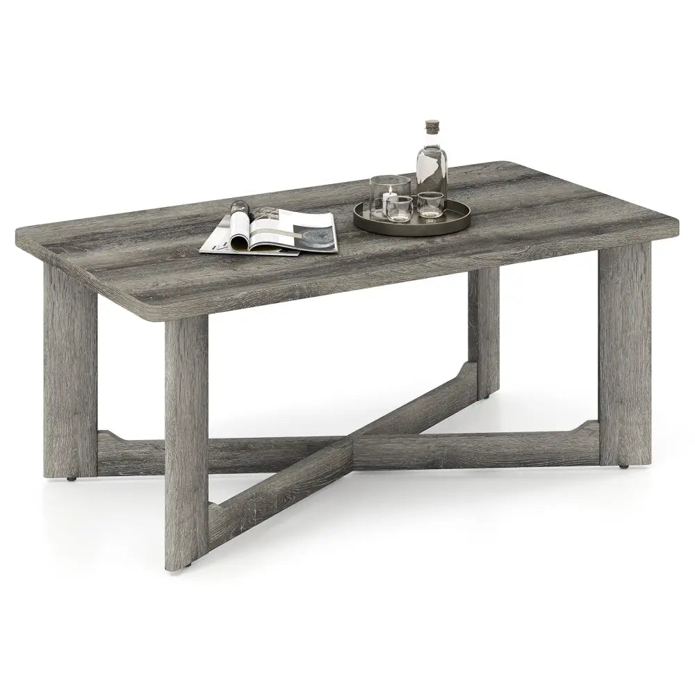 Rectangle Coffee Table Rubber Wood with X-Shaped Base-Gray - Gray - Coffee Tables