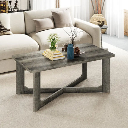 Rectangle Coffee Table Rubber Wood with X-Shaped Base-Gray - Gray - Coffee Tables