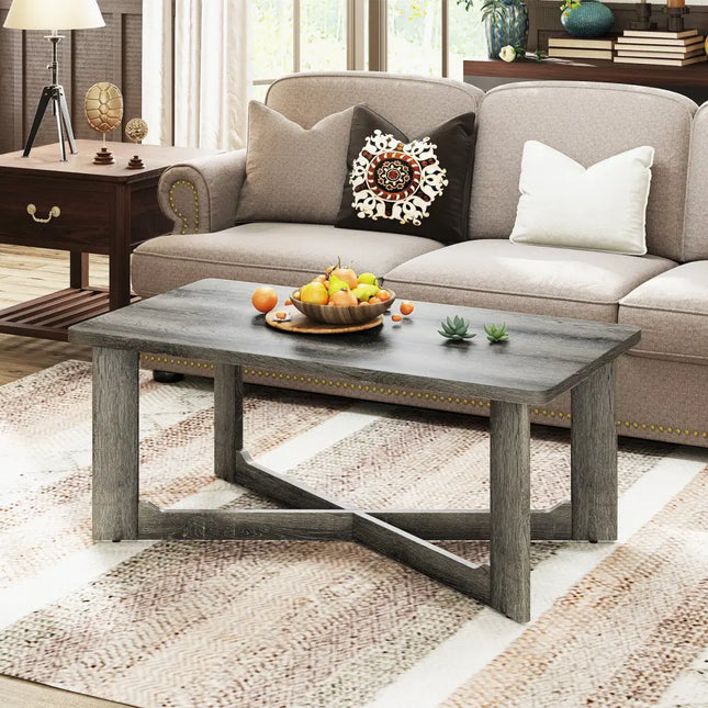 Rectangle Coffee Table Rubber Wood with X-Shaped Base-Gray - Gray - Coffee Tables