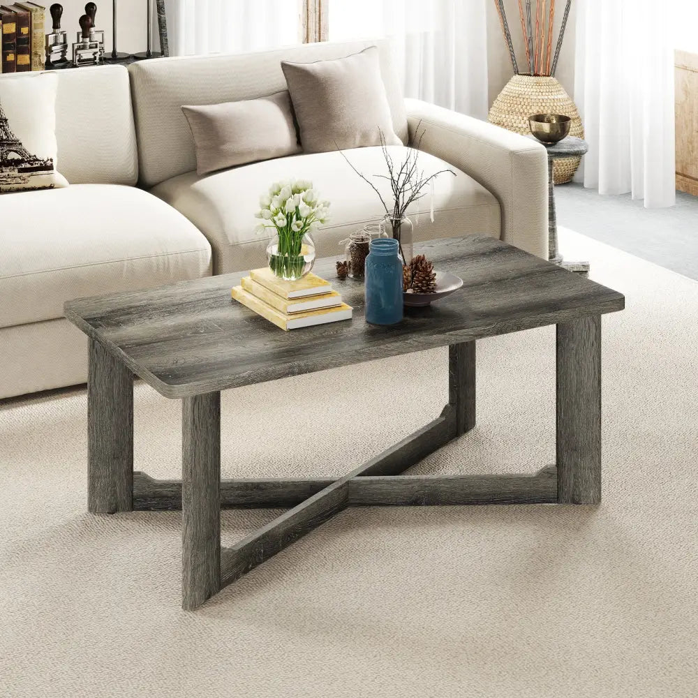 Rectangle Coffee Table Rubber Wood with X-Shaped Base-Gray - Gray - Coffee Tables