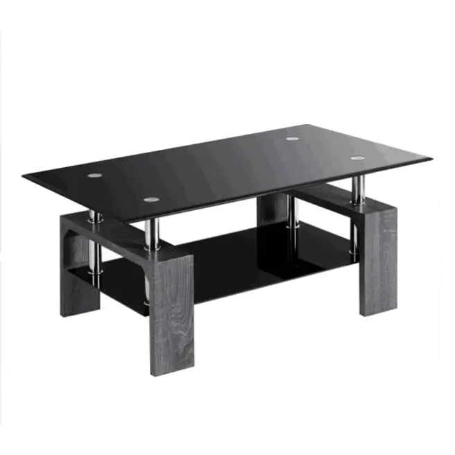Rectangle Glass Coffee Table with Black Top and Metal Legs for Livingroom - Black - Coffee Tables
