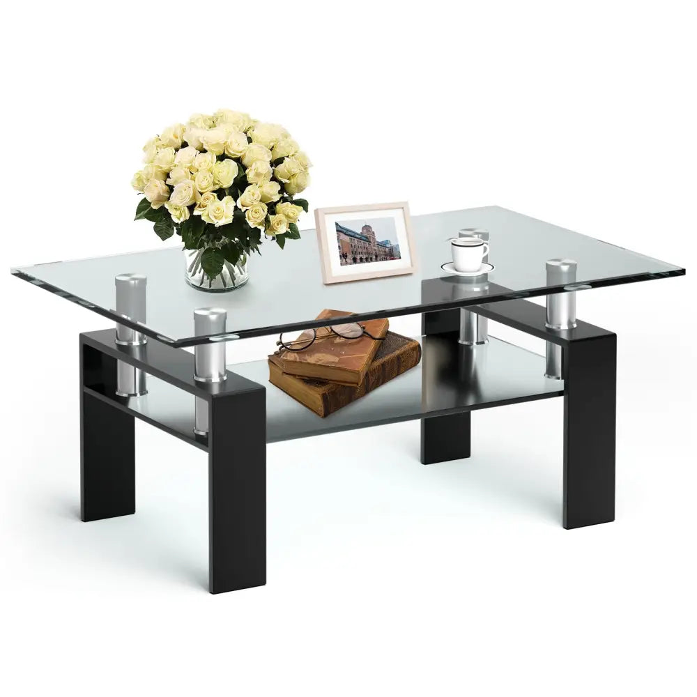 Rectangle Glass Coffee Table with Metal Legs for Living Room-Black - Black - Coffee Tables