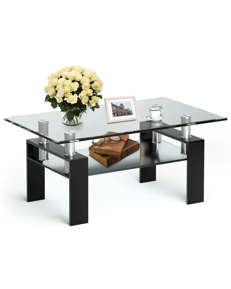 Rectangle Glass Coffee Table with Metal Legs for Living Room-Black - Black - Coffee Tables