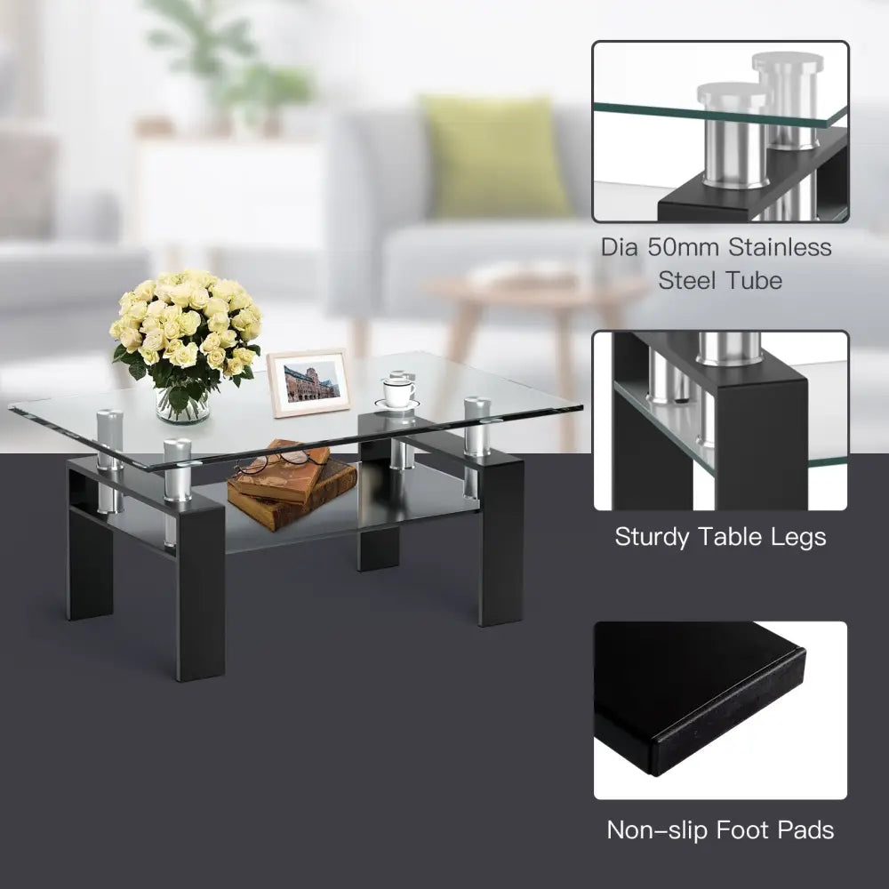 Rectangle Glass Coffee Table with Metal Legs for Living Room-Black - Black - Coffee Tables