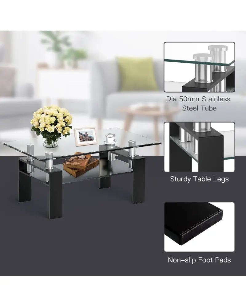 Rectangle Glass Coffee Table with Metal Legs for Living Room-Black - Black - Coffee Tables
