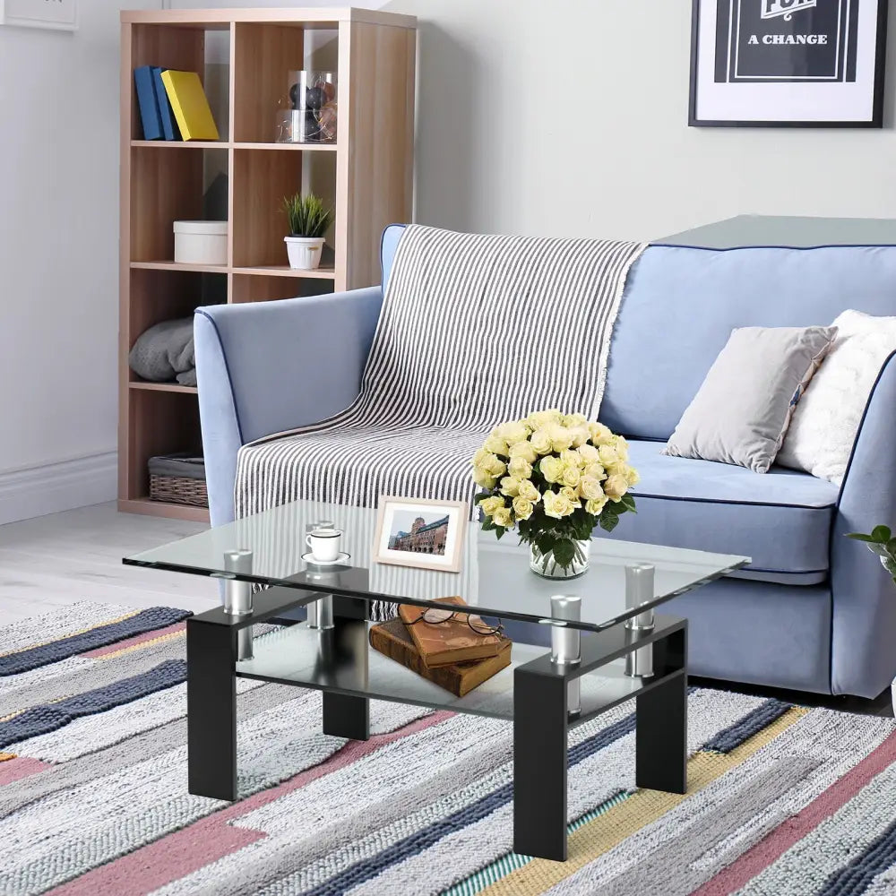 Rectangle Glass Coffee Table with Metal Legs for Living Room-Black - Black - Coffee Tables