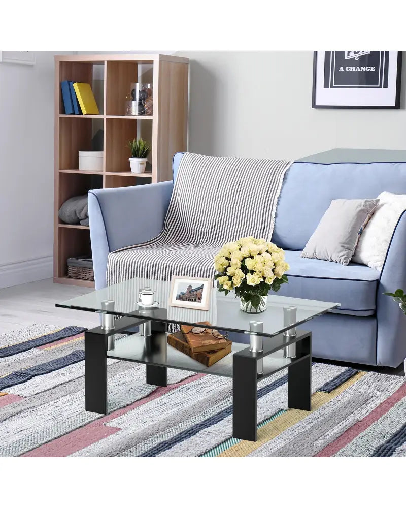 Rectangle Glass Coffee Table with Metal Legs for Living Room-Black - Black - Coffee Tables