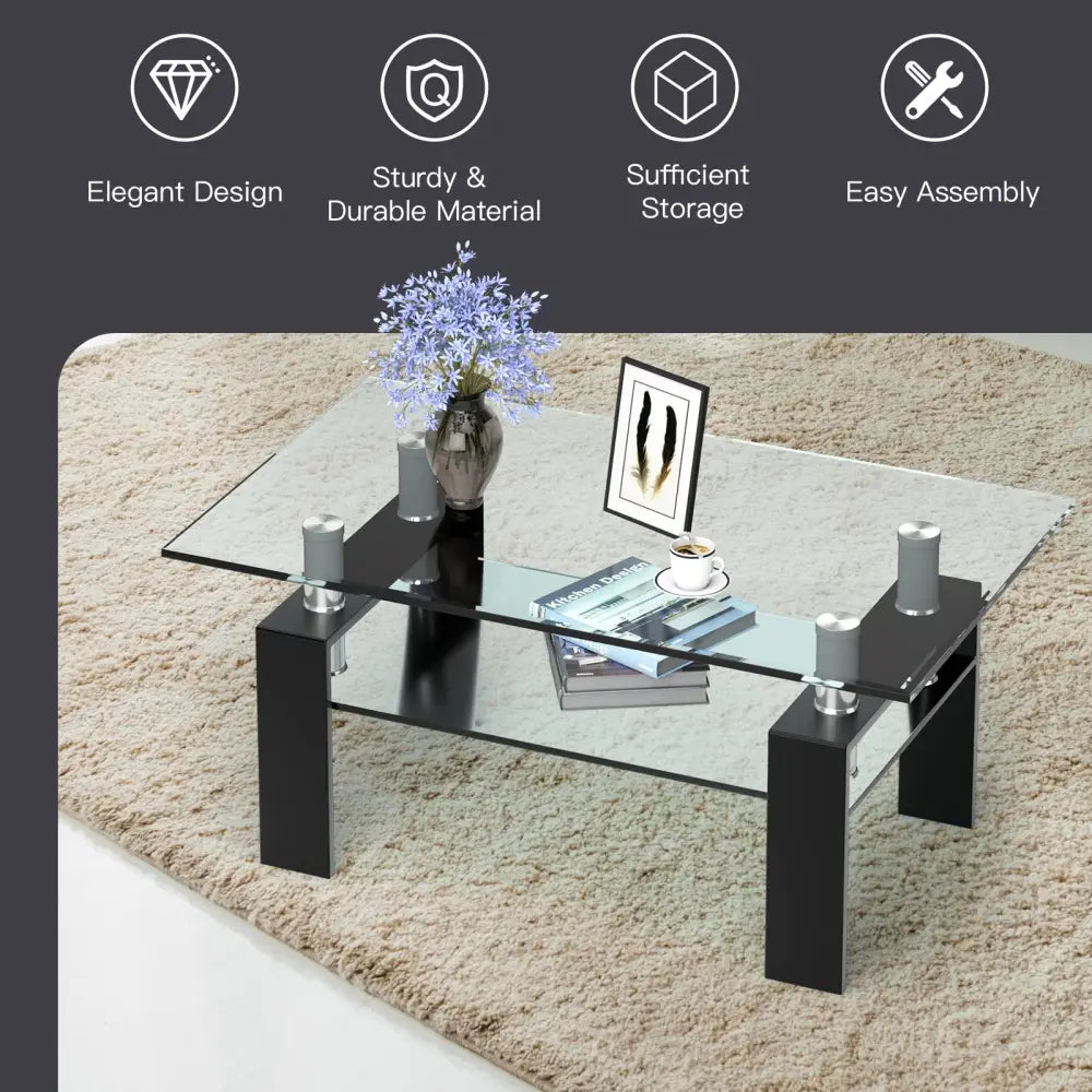 Rectangle Glass Coffee Table with Metal Legs for Living Room-Black - Black - Coffee Tables