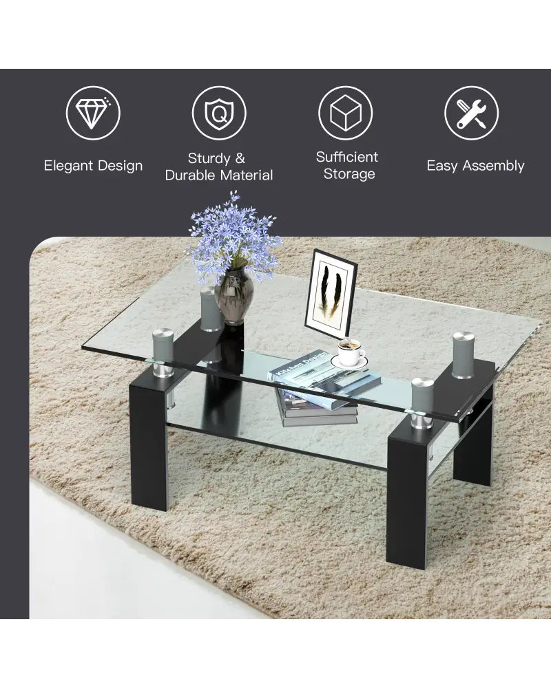 Rectangle Glass Coffee Table with Metal Legs for Living Room-Black - Black - Coffee Tables
