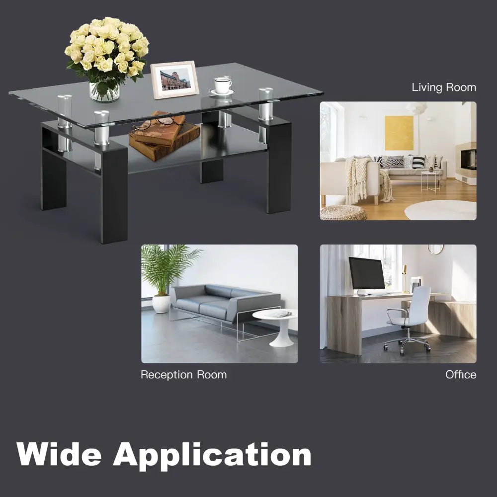Rectangle Glass Coffee Table with Metal Legs for Living Room-Black - Black - Coffee Tables