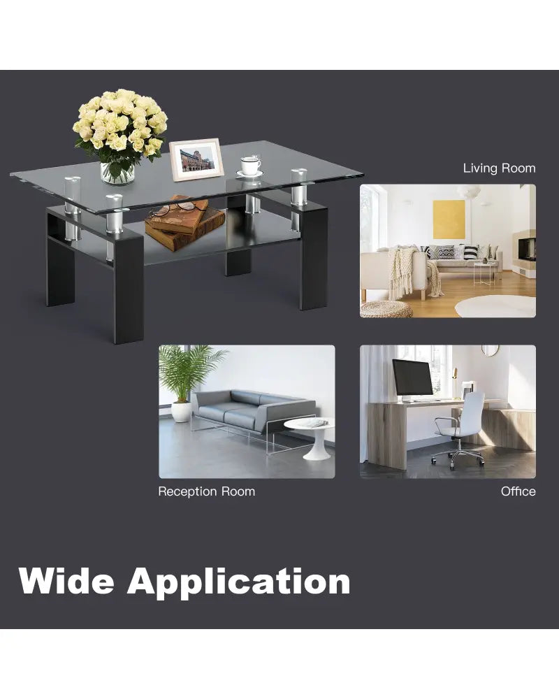 Rectangle Glass Coffee Table with Metal Legs for Living Room-Black - Black - Coffee Tables