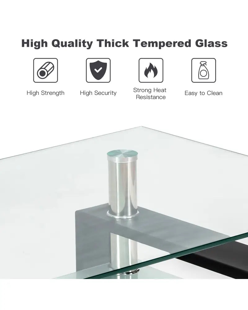 Rectangle Glass Coffee Table with Metal Legs for Living Room-Black - Black - Coffee Tables