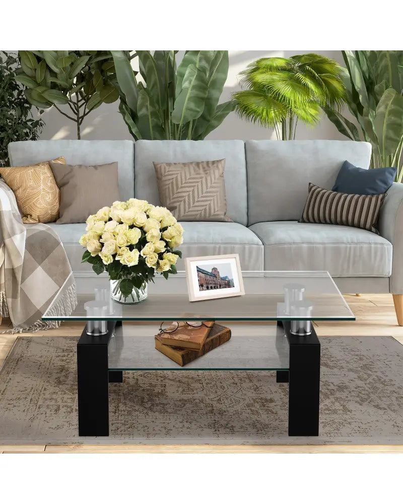 Rectangle Glass Coffee Table with Metal Legs for Living Room-Black - Black - Coffee Tables
