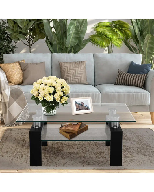 Rectangle Glass Coffee Table with Metal Legs for Living Room-Black - Black - Coffee Tables
