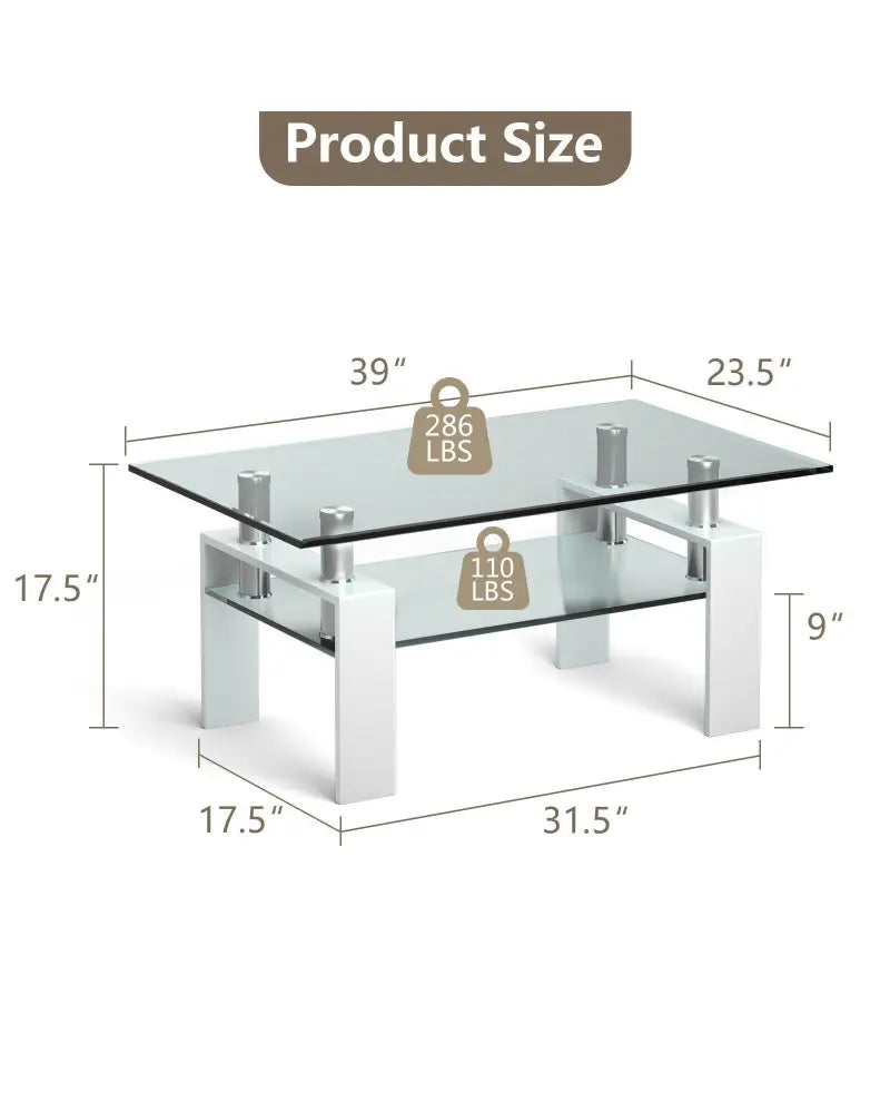Rectangle Glass Coffee Table with Metal Legs for Living Room-White - White - Coffee Tables