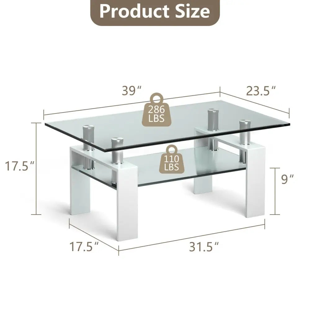 Rectangle Glass Coffee Table with Metal Legs for Living Room-White - White - Coffee Tables