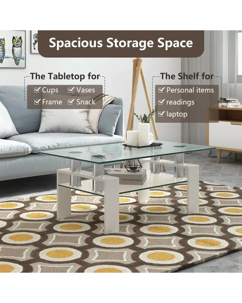 Rectangle Glass Coffee Table with Metal Legs for Living Room-White - White - Coffee Tables