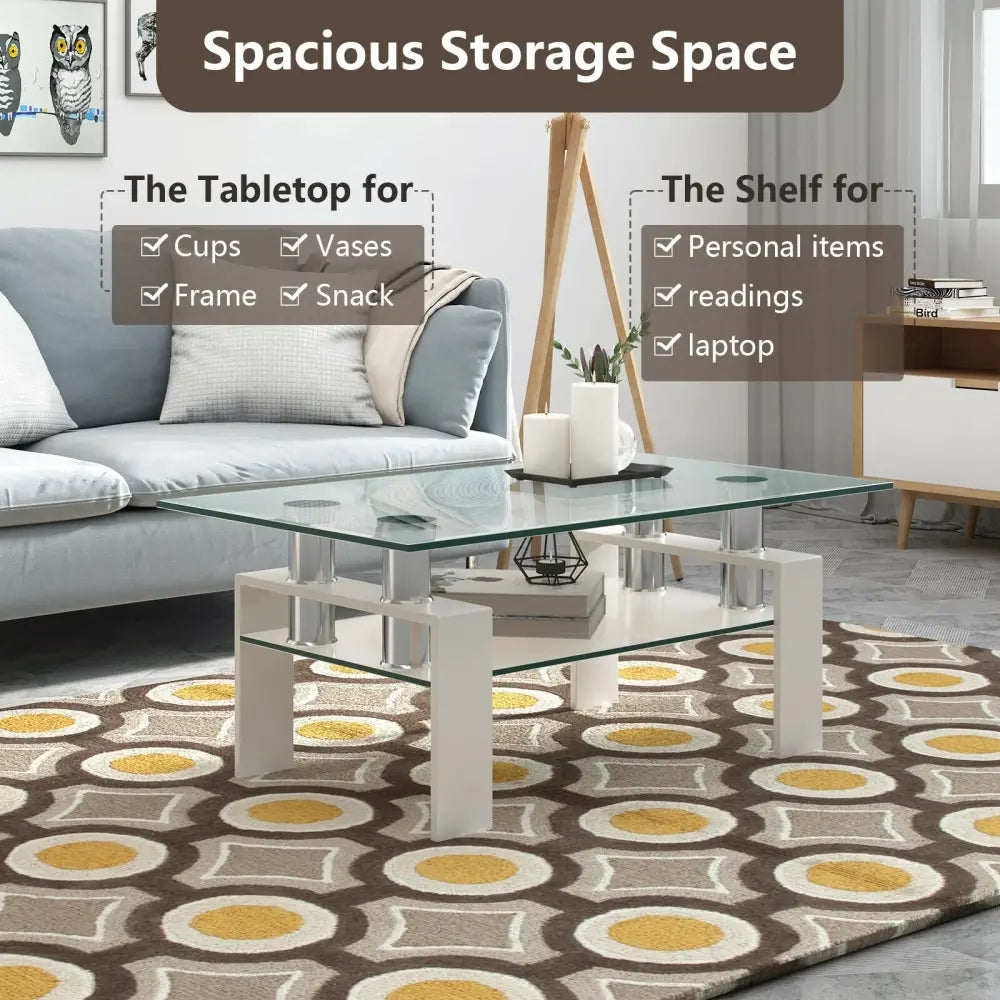 Rectangle Glass Coffee Table with Metal Legs for Living Room-White - White - Coffee Tables