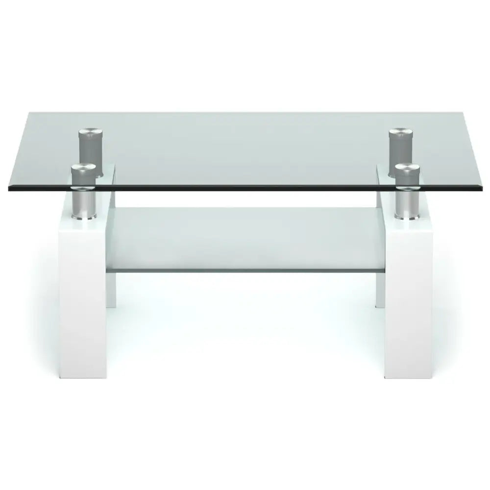 Rectangle Glass Coffee Table with Metal Legs for Living Room-White - White - Coffee Tables