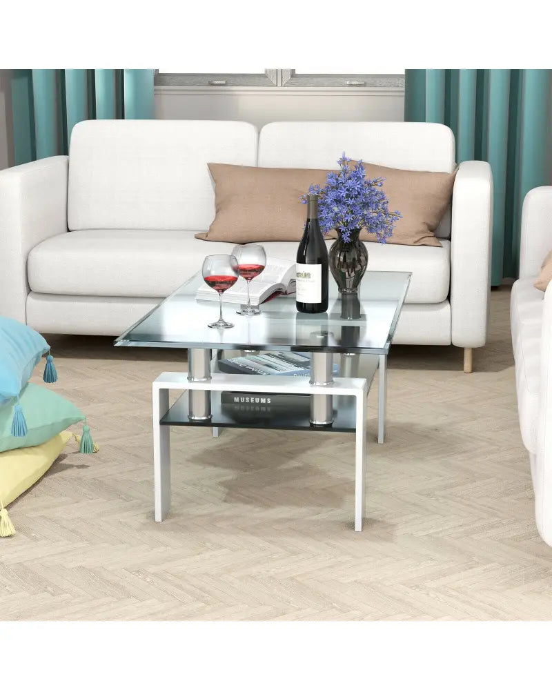Rectangle Glass Coffee Table with Metal Legs for Living Room-White - White - Coffee Tables