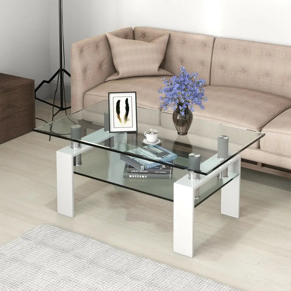 Rectangle Glass Coffee Table with Metal Legs for Living Room-White - White - Coffee Tables