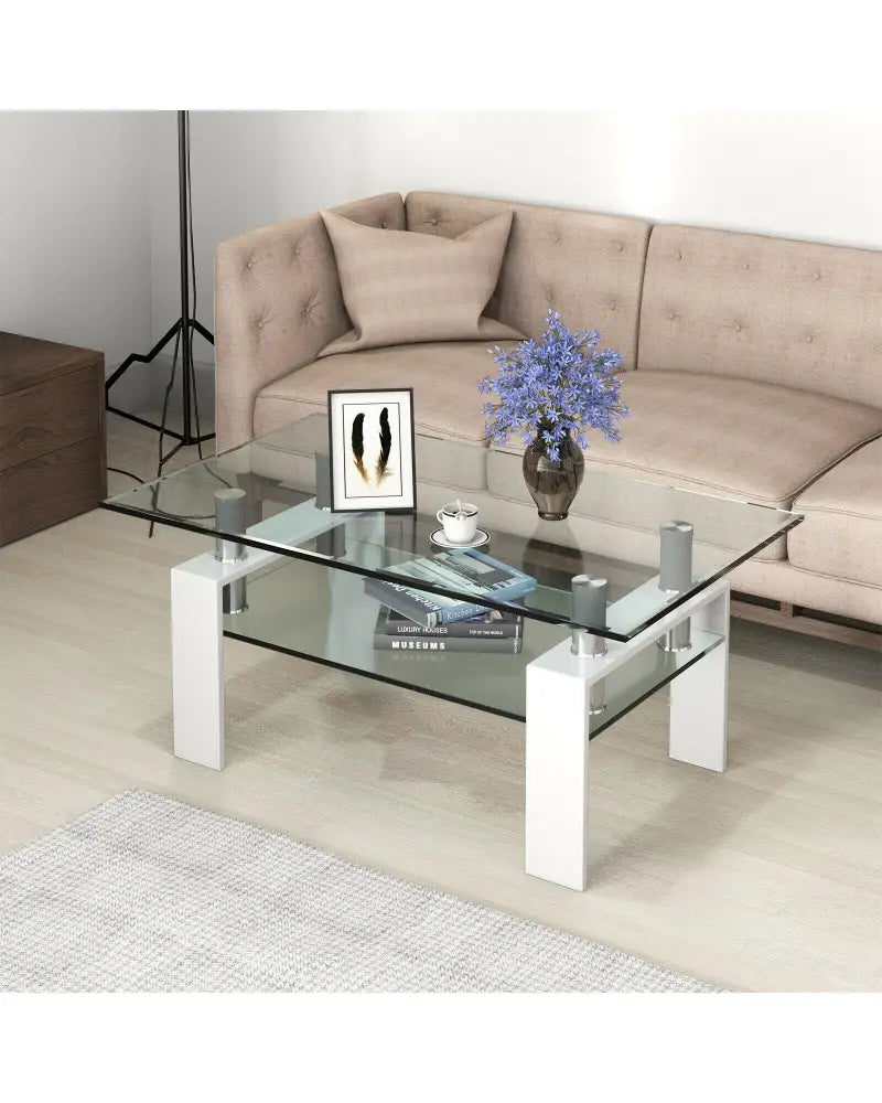 Rectangle Glass Coffee Table with Metal Legs for Living Room-White - White - Coffee Tables