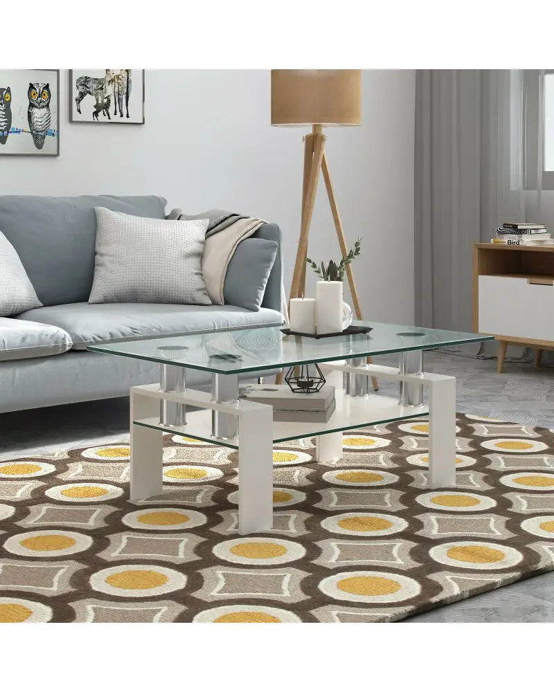 Rectangle Glass Coffee Table with Metal Legs for Living Room-White - White - Coffee Tables