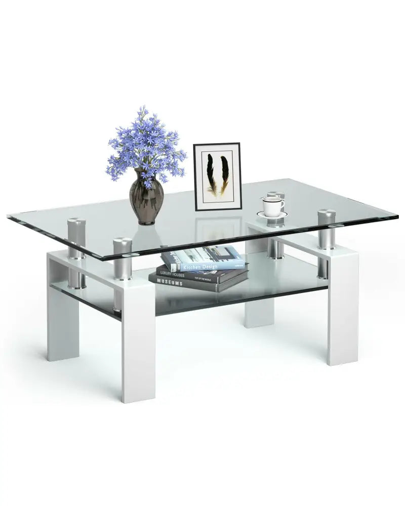 Rectangle Glass Coffee Table with Metal Legs for Living Room-White - White - Coffee Tables