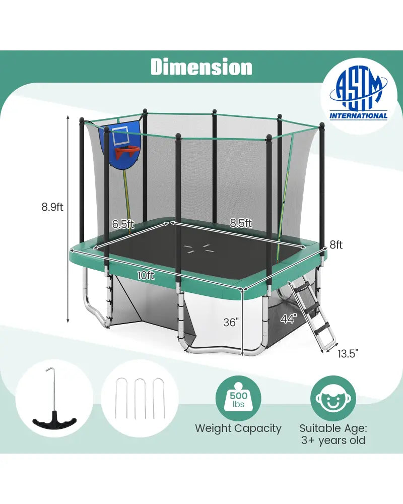 Rectangle Outdoor Trampoline 10 x 8 FT Heavy-Duty Trampoline with Basketball Hoop-Green - Green - Trampolines