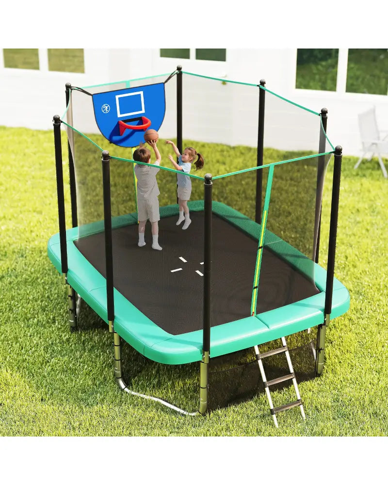 Rectangle Outdoor Trampoline 10 x 8 FT Heavy-Duty Trampoline with Basketball Hoop-Green - Green - Trampolines