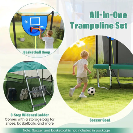 Rectangle Outdoor Trampoline 10 x 8 FT Heavy-Duty Trampoline with Basketball Hoop-Green - Green - Trampolines