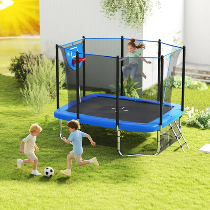 Rectangle Outdoor Trampoline 10 x 8 FT Heavy-Duty Trampoline with Basketball Hoop-Blue - Blue - Trampolines