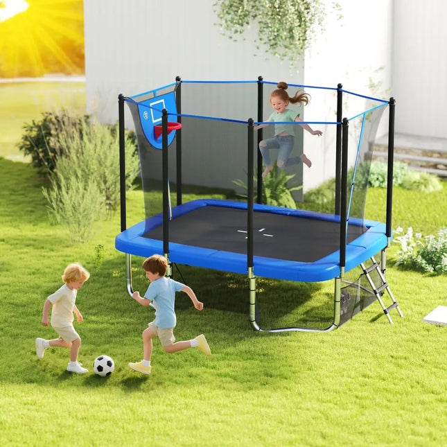 Rectangle Outdoor Trampoline 10 x 8 FT Heavy-Duty Trampoline with Basketball Hoop-Blue - Blue - Trampolines