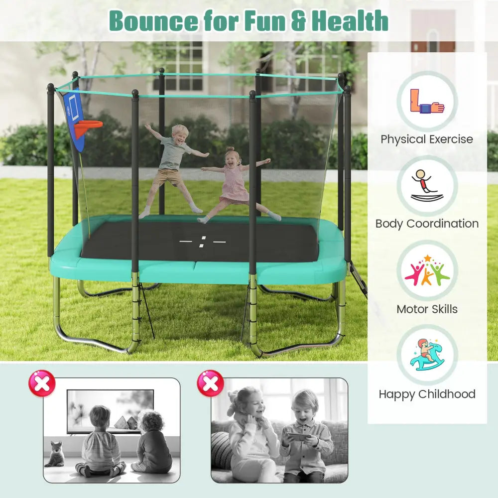 Rectangle Outdoor Trampoline 10 x 8 FT Heavy-Duty Trampoline with Basketball Hoop-Green - Green - Trampolines