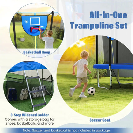 Rectangle Outdoor Trampoline 10 x 8 FT Heavy-Duty Trampoline with Basketball Hoop-Blue - Blue - Trampolines