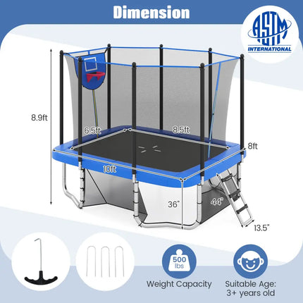 Rectangle Outdoor Trampoline 10 x 8 FT Heavy-Duty Trampoline with Basketball Hoop-Blue - Blue - Trampolines