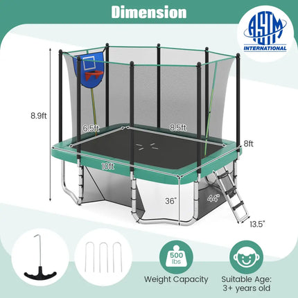 Rectangle Outdoor Trampoline 10 x 8 FT Heavy-Duty Trampoline with Basketball Hoop-Green - Green - Trampolines