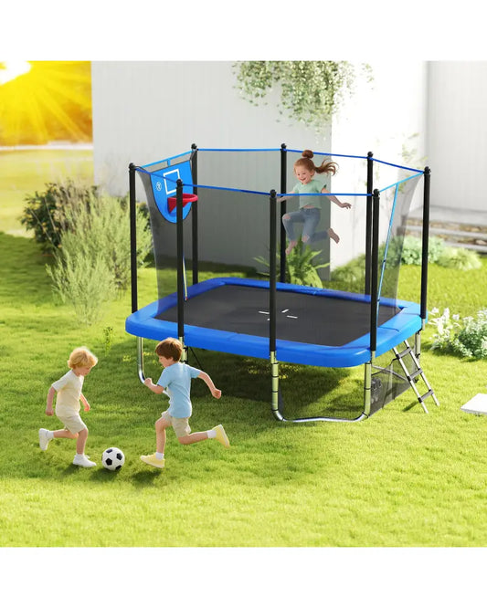 Rectangle Outdoor Trampoline 10 x 8 FT Heavy-Duty Trampoline with Basketball Hoop-Blue - Blue - Trampolines