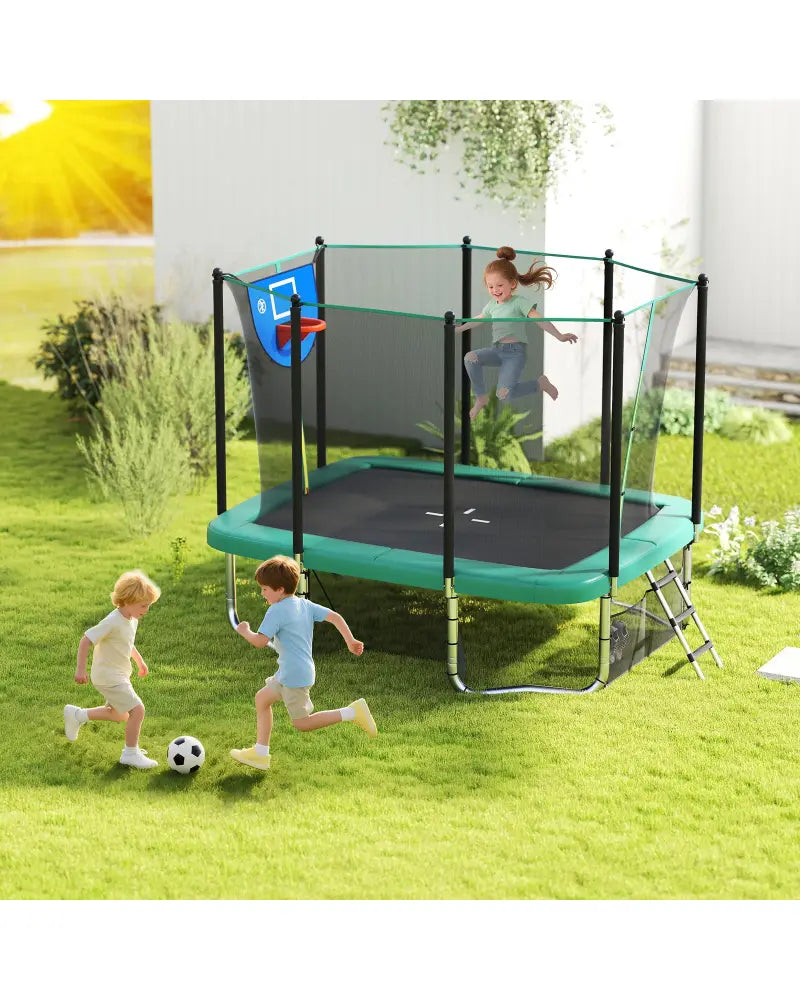 Rectangle Outdoor Trampoline 10 x 8 FT Heavy-Duty Trampoline with Basketball Hoop-Green - Green - Trampolines