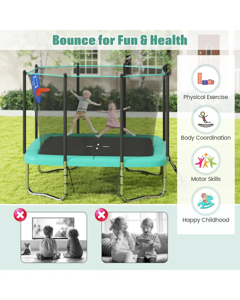 Rectangle Outdoor Trampoline 10 x 8 FT Heavy-Duty Trampoline with Basketball Hoop-Green - Green - Trampolines