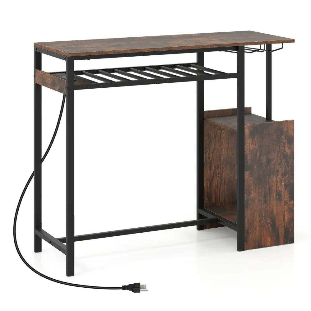 Rectangular Bar Table with Charging Station and LED Light-Rustic Brown - Rustic Brown - Bar Tables