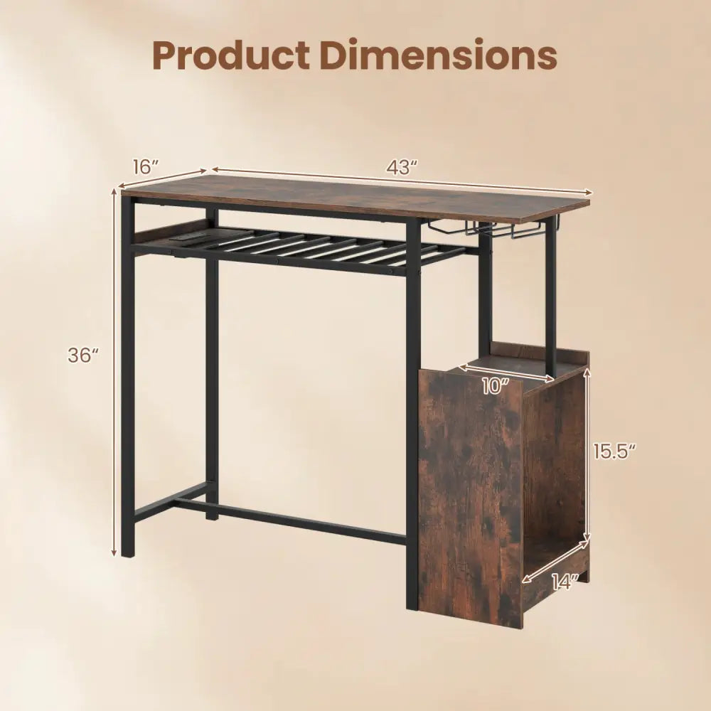 Rectangular Bar Table with Charging Station and LED Light-Rustic Brown - Rustic Brown - Bar Tables