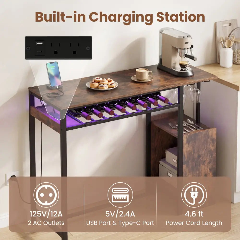 Rectangular Bar Table with Charging Station and LED Light-Rustic Brown - Rustic Brown - Bar Tables