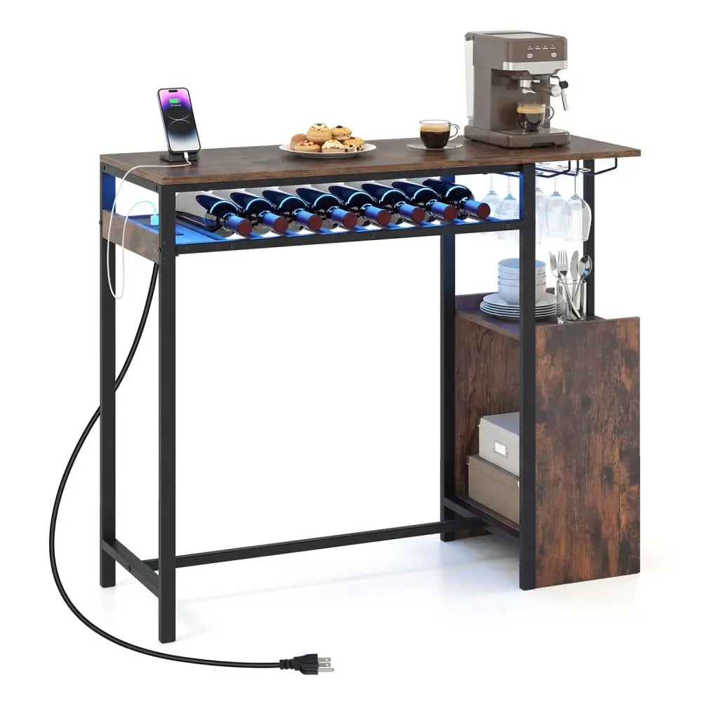 Rectangular Bar Table with Charging Station and LED Light-Rustic Brown - Rustic Brown - Bar Tables