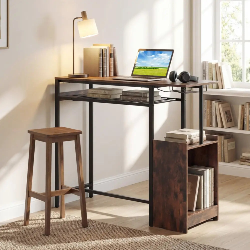 Rectangular Bar Table with Charging Station and LED Light-Rustic Brown - Rustic Brown - Bar Tables