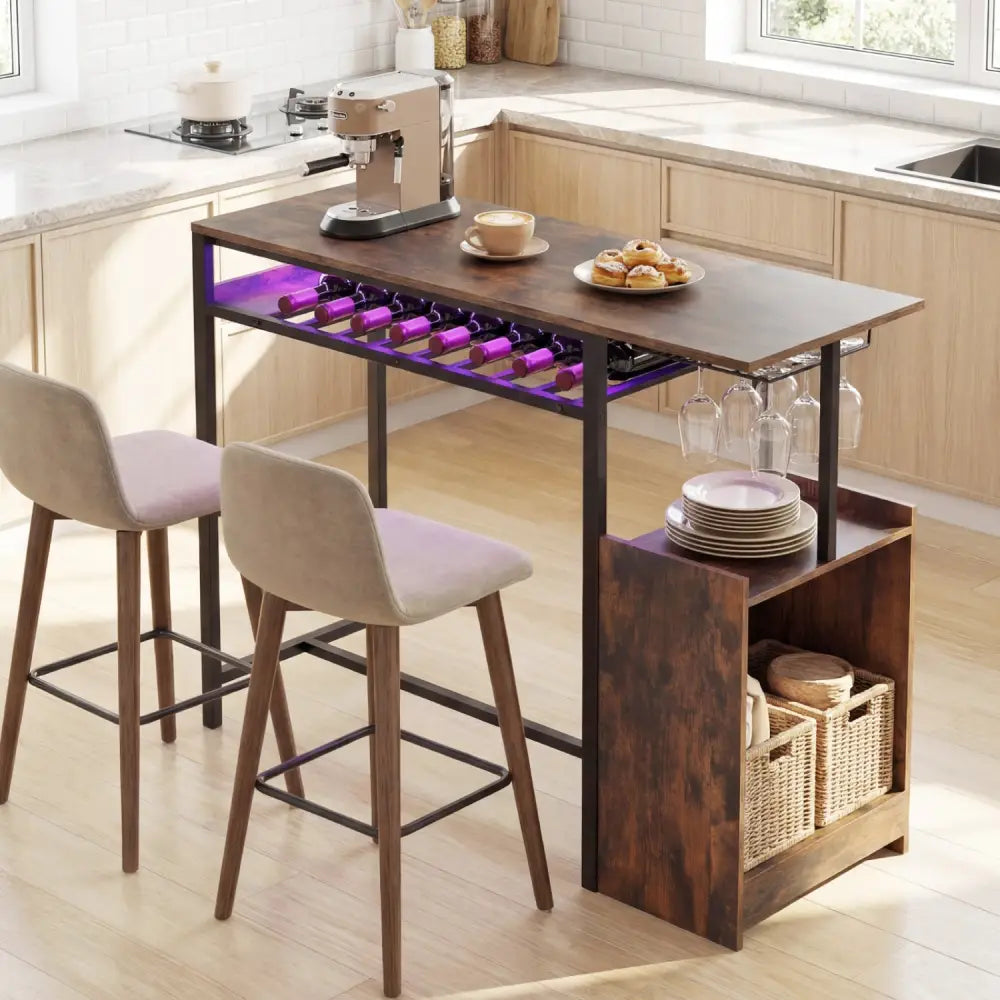 Rectangular Bar Table with Charging Station and LED Light-Rustic Brown - Rustic Brown - Bar Tables