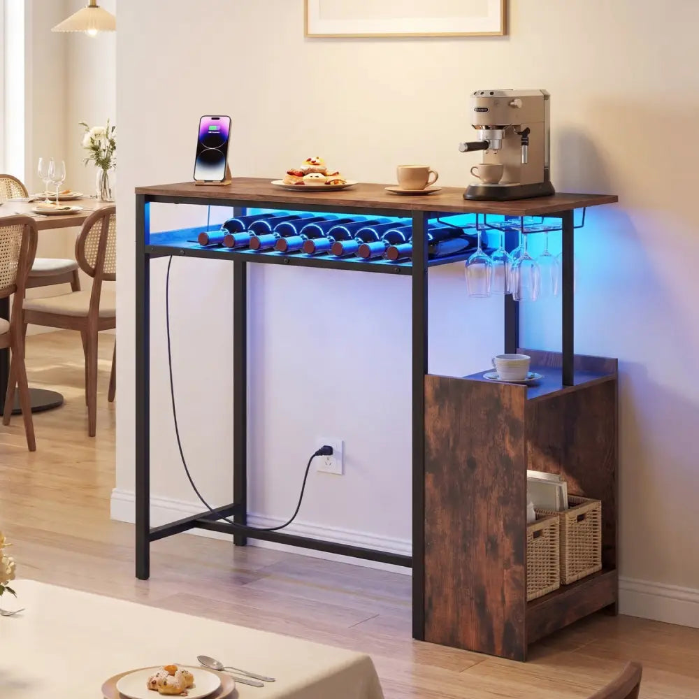 Rectangular Bar Table with Charging Station and LED Light-Rustic Brown - Rustic Brown - Bar Tables