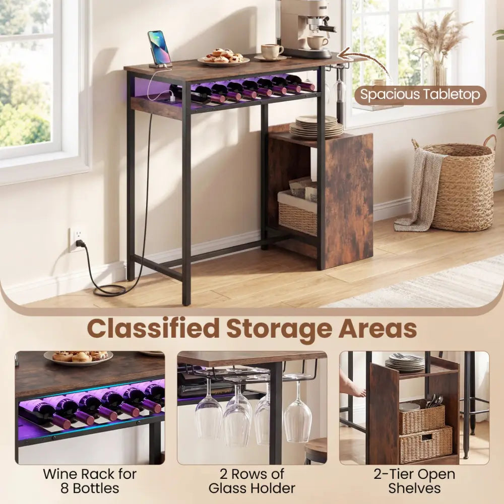 Rectangular Bar Table with Charging Station and LED Light-Rustic Brown - Rustic Brown - Bar Tables